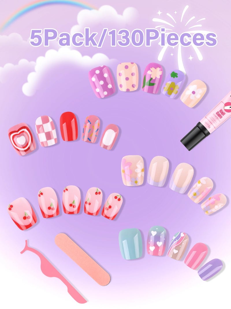 EBANKU 130 Pcs Press on Nail Kids, 5 Pack French Heart Kid Flase Nails Kit with Nail Glue Set Fake Nail for Girls Nail DIY Salon Home Decor - Image 3